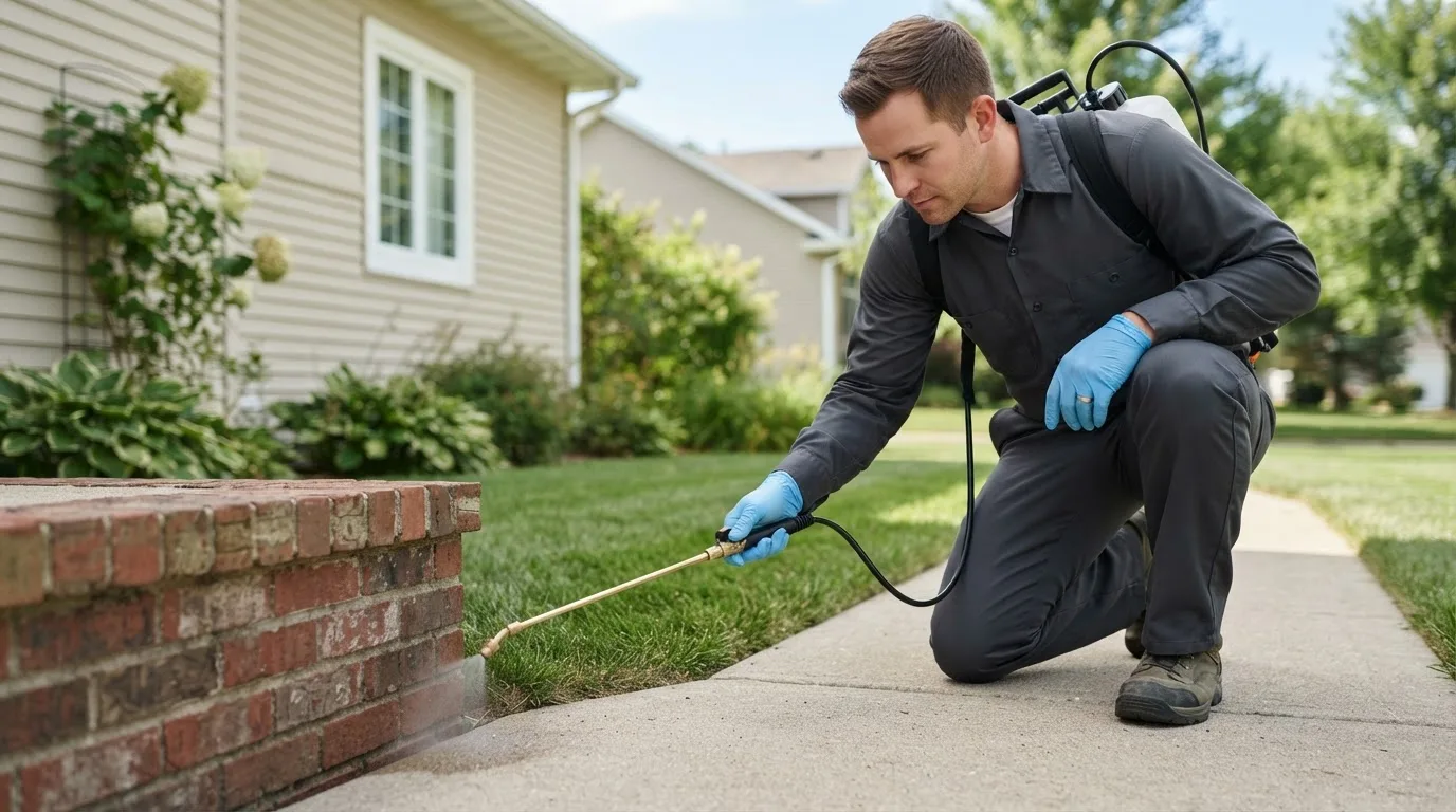 Pest control technician treating a home near Vermontville, MI