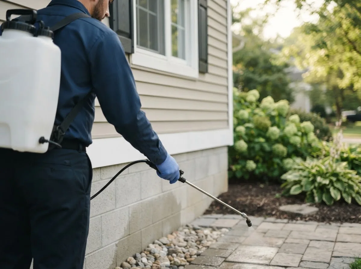 Pest control technician inspecting a home in Vermontville, MI